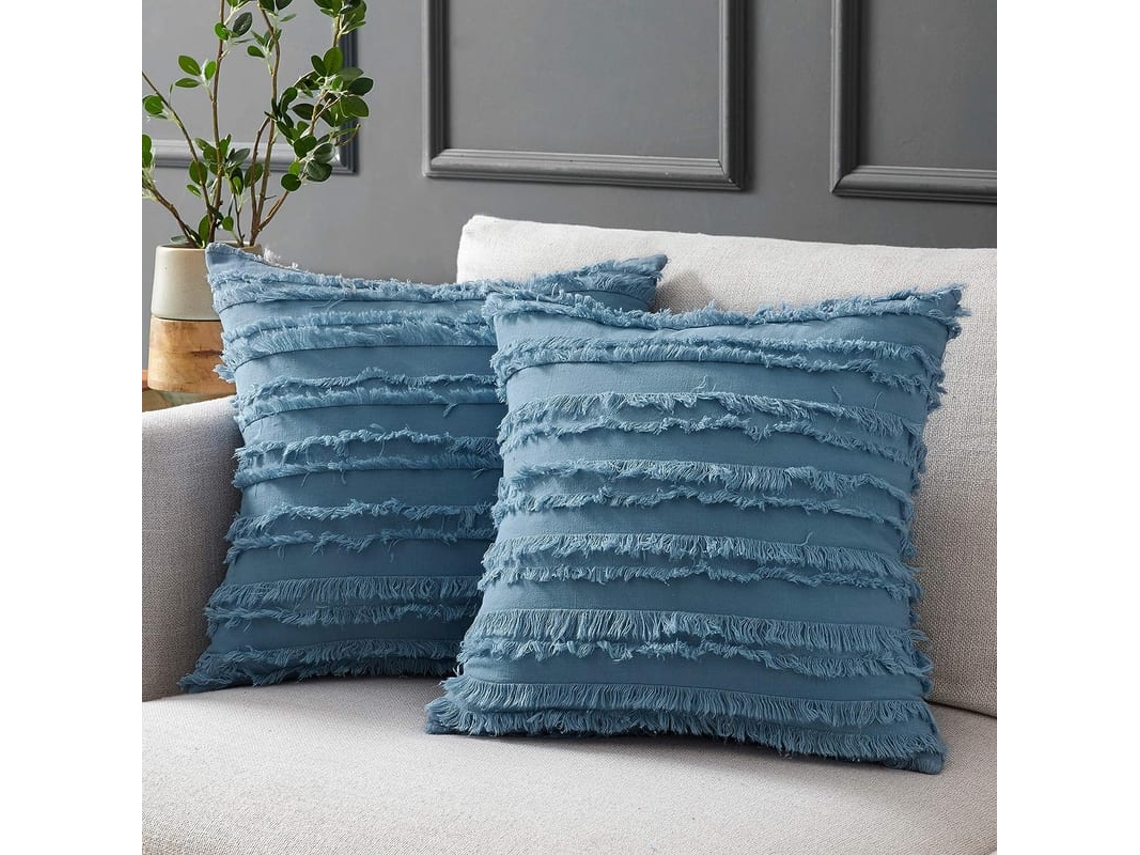 Funda De Almofada Azul Para Sofá Cama, Algodón Y Lino Decorativo, 16x16 Polegadas, Pack De 2