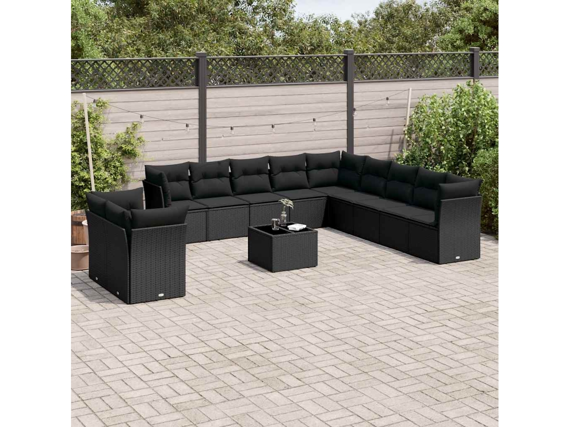 Vidaxl 12 Pcs Conjunto De Sofás De Jardim C/ Almofadões Vime Pe Preto