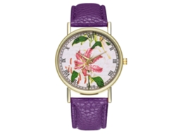 Relógio Analógico de Quartzo com Pulseira Pu Floral Estiloso para Mulher (roxo)
