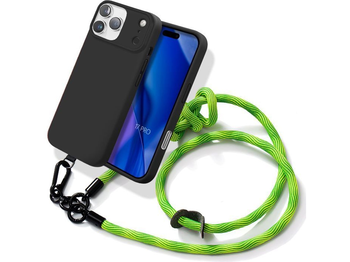Capa Para Iphone 17 Pro, Silicone Fino Preto Com Cordão Verde Resistente