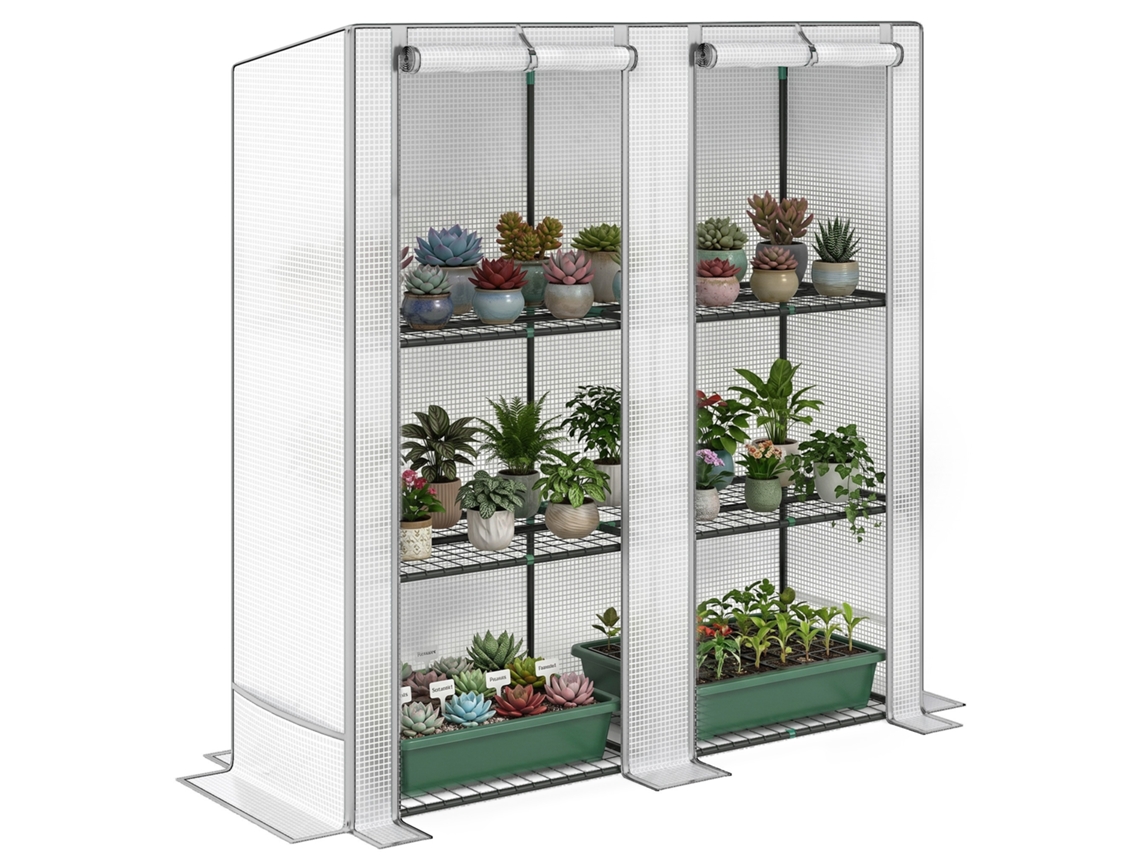 Estufa Externa com Telhado Inclinado, 3 Prateleiras, 2 Portas, estrutura de Aço 144x48x152cm Branco BTFORUS