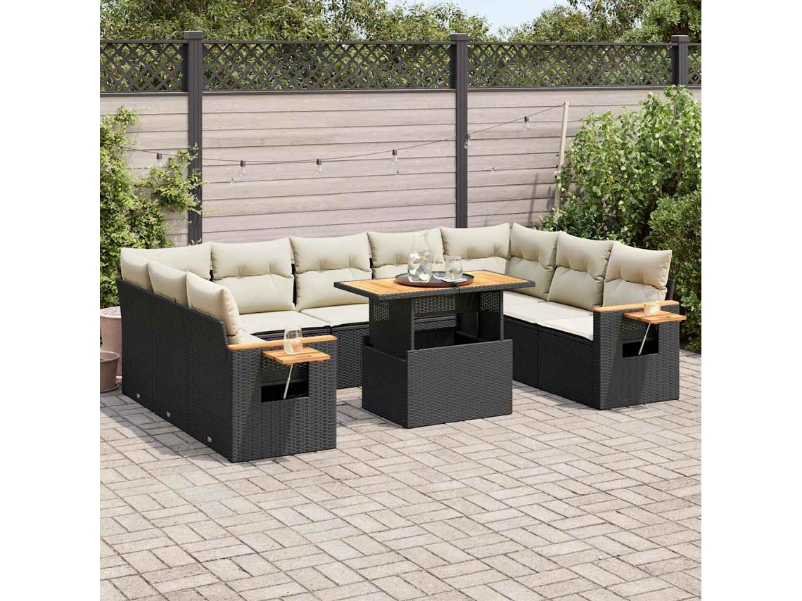 Vidaxl 10 Pcs Conjunto Sofás Jardim C/ Almofadões Vime Pe/acácia Preto