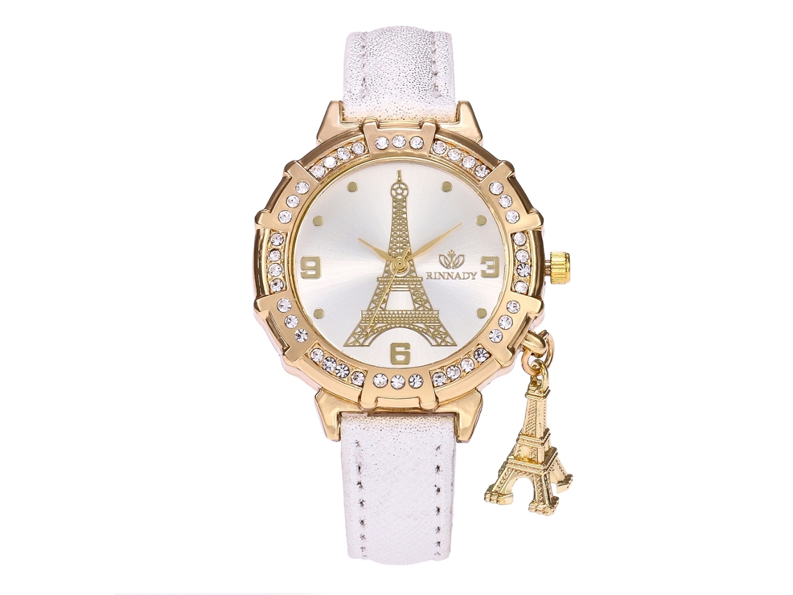 Relógio Feminino de Pulso com Strass Pulseira Pu Liga Quartzo com Dial Redondo Branco