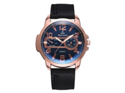 Relógio masculino de quartzo com pulseira de PU, caixa em ouro rosa, mostrador azul e pulseira preta.