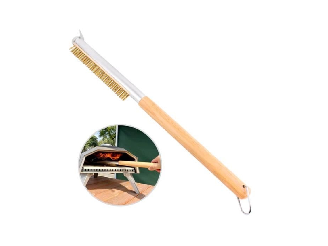 Escova de Latão para Forno de Pizza com Raspador e Cabo de Madeira 52 Cm AQUAFORGE