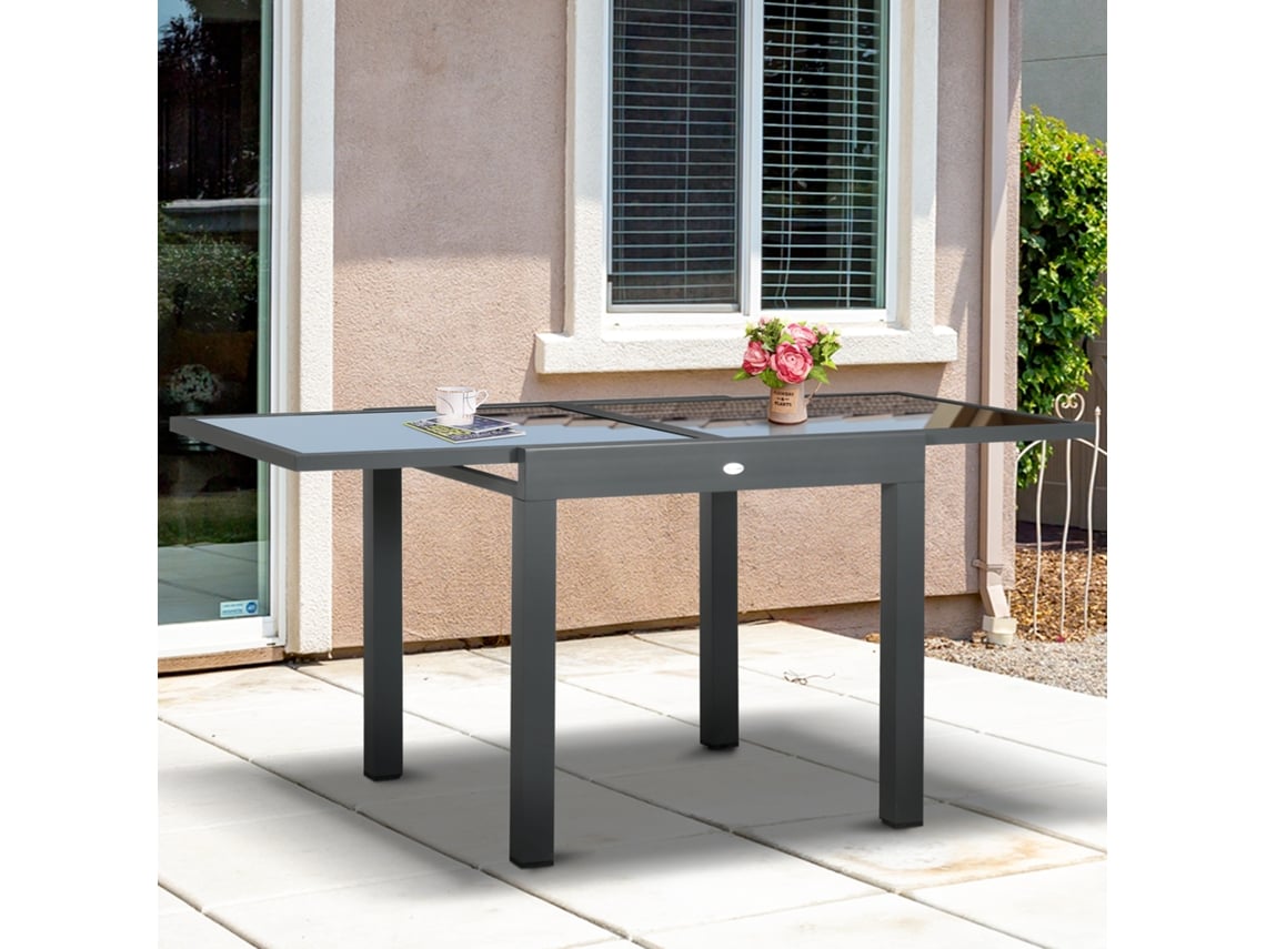 Mesa De Jardim Extensível Em Alumínio, Mesa Retangular, Preta, Resistente E Durável