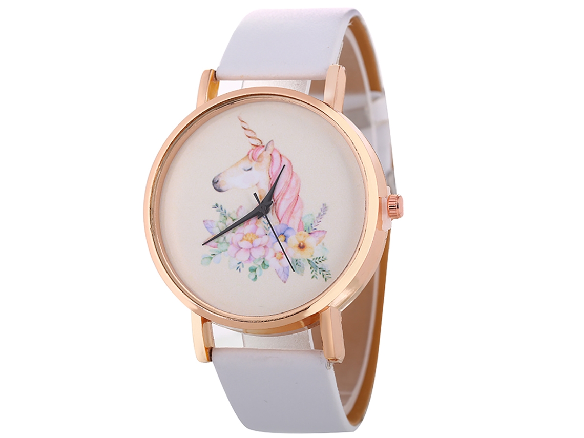 Relógio Feminino de Moda Pulseira de Couro Pu Casual Quartz com Design de Cavalo e Flores Branco