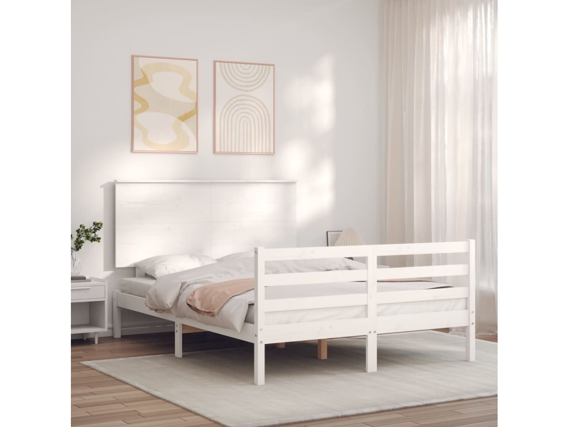 Estrutura De Cama Com Cabeceira 140x190cm Madeira Maciça Branco