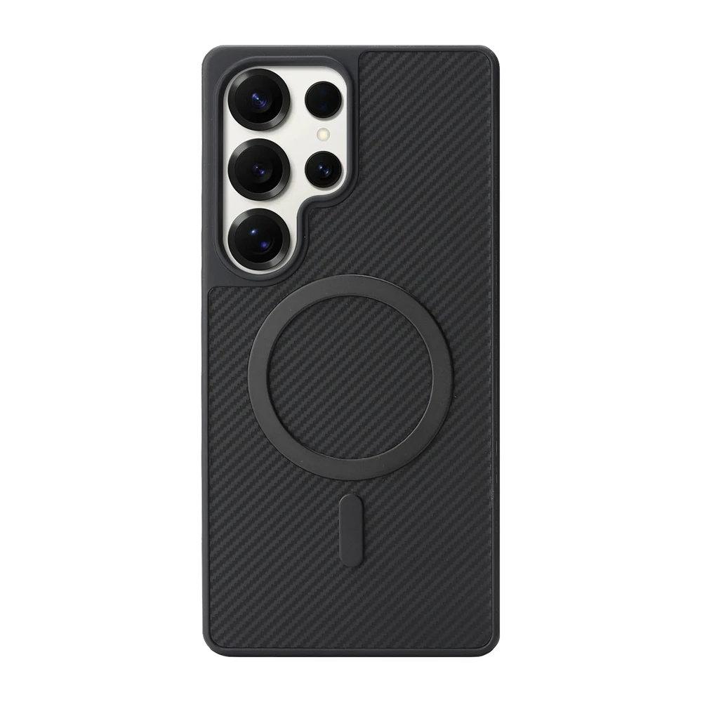 Capa Magnética Para Celular (galaxy S26 Ultra, Preta) Em Couro Com Fibra De Carbono, Compatível Com Fixação Magnética.