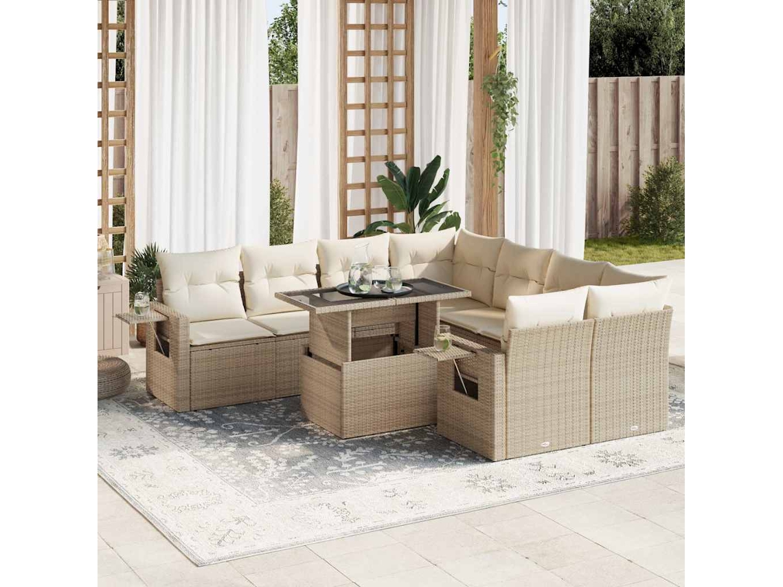 Vidaxl 9 Pcs Conjunto De Sofás P/ Jardim Com Almofadões Vime Pe Bege