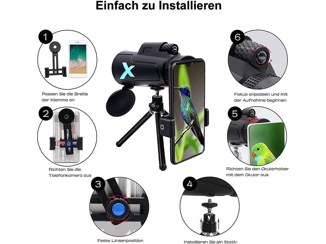 Telescópio Monocular Bak4 Hd À Prova D'água com Zoom de 12x50, Suporte para Celular e Tripé BRILVIBERA