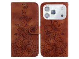 Capa Para Iphone 17 Pro Max Com Suporte, Estampa De Lírio Em Couro Sintético E Alça De Pulso. Cor Marrom.
