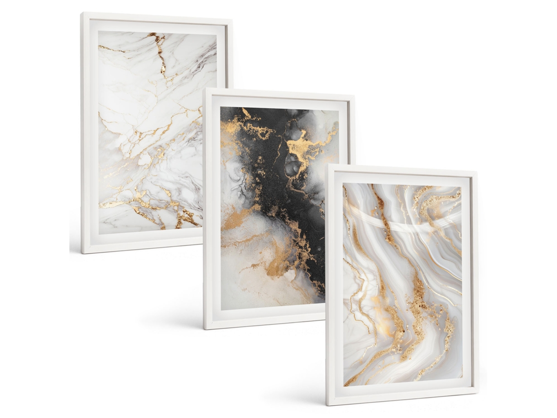 Galeria De Pinturas Murais Padrões Abstratos Em Branco E Preto Moldura Branca Pinturas De Quarto Espelharte (3 Piezas De 40x60 Cm)