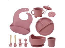 Conjunto de Utensílios de Silicone para Alimentação Infantil, com Ventosas na Base, 10 Peças Vermelho PANOONA