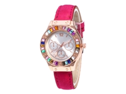 Relógio de pulso feminino com strass coloridos, pulseira de couro PU, movimento de quartzo, Zhoulianfa vermelho e rosa.