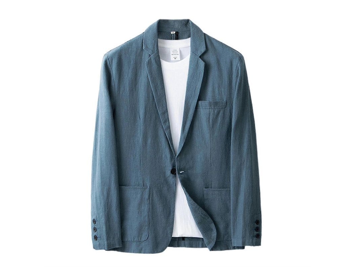 Blazer De Lino Com Manga Longa E Bolso, Ideal Para Ocasiões Formais E Casuais, Lavagem À Mão Recomendada Azul