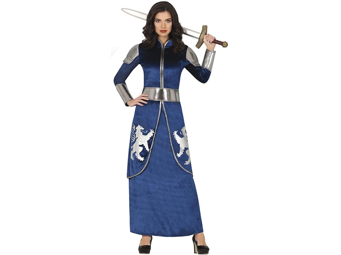 Fato de cavaleiro azul e prateado para mulher
