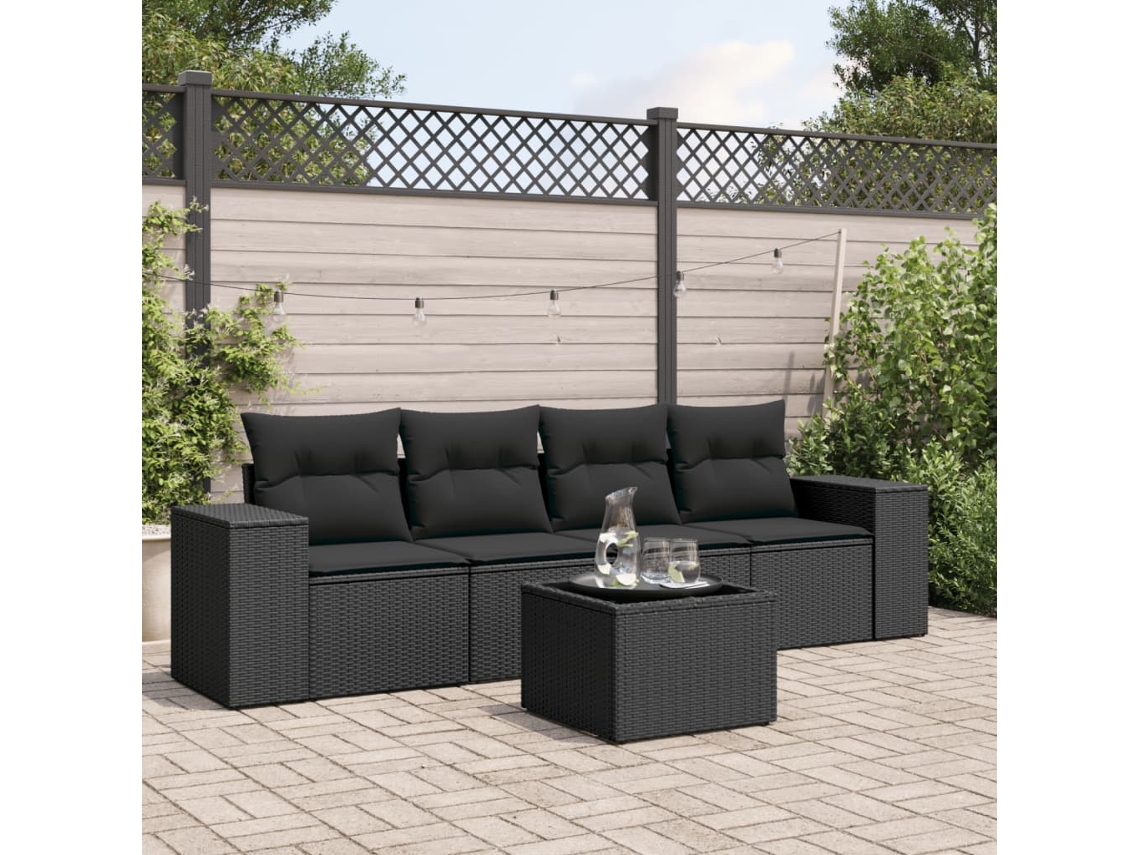 Vidaxl 5 Pcs Conjunto Sofás De Jardim Com Almofadões Vime Pe Preto