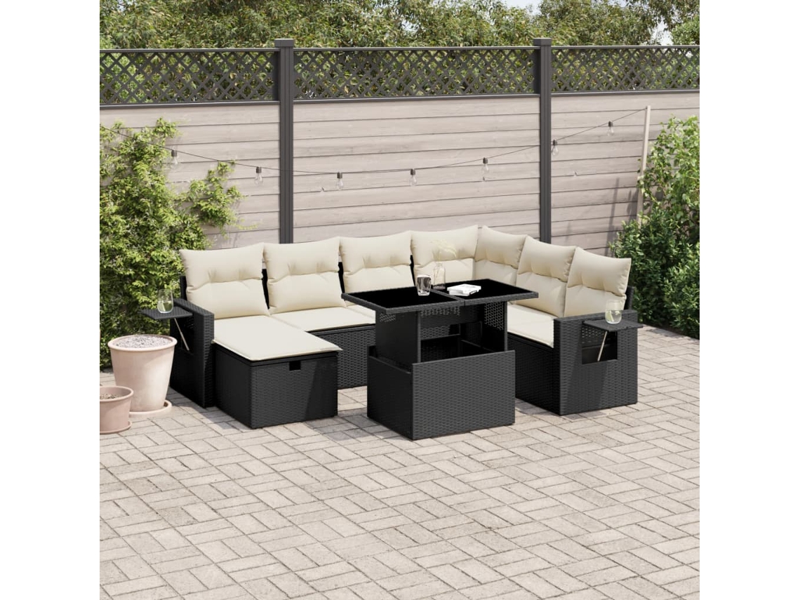Vidaxl 8 Pcs Conjunto Sofás De Jardim Com Almofadões Vime Pe Preto