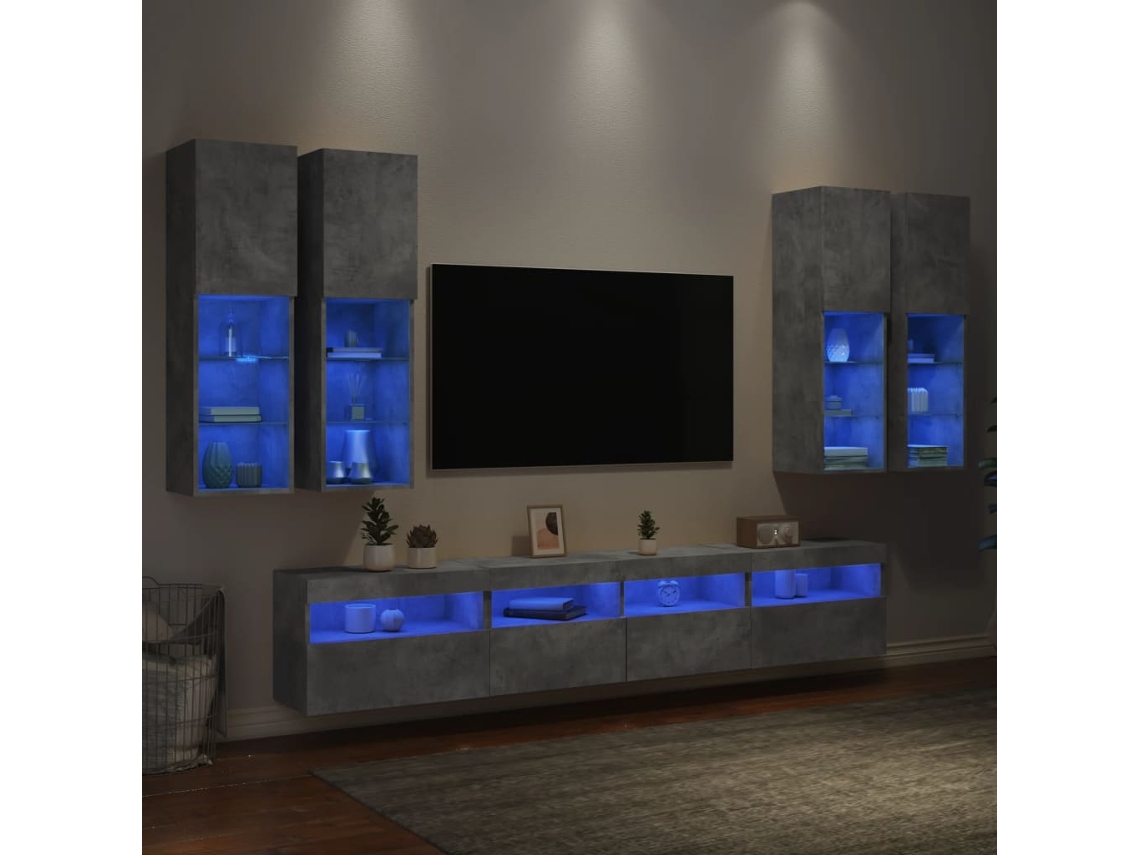 Vidaxl 7 Pcs Conj. Móveis De Parede P/ Tv Luzes Led Cinzento Cimento