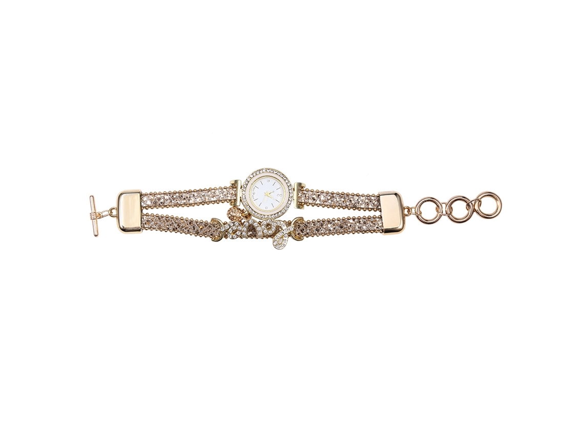 Relógio de Pulseira Feminino de Liga com Strass, Analógico Quartzo, Redondo, Bege