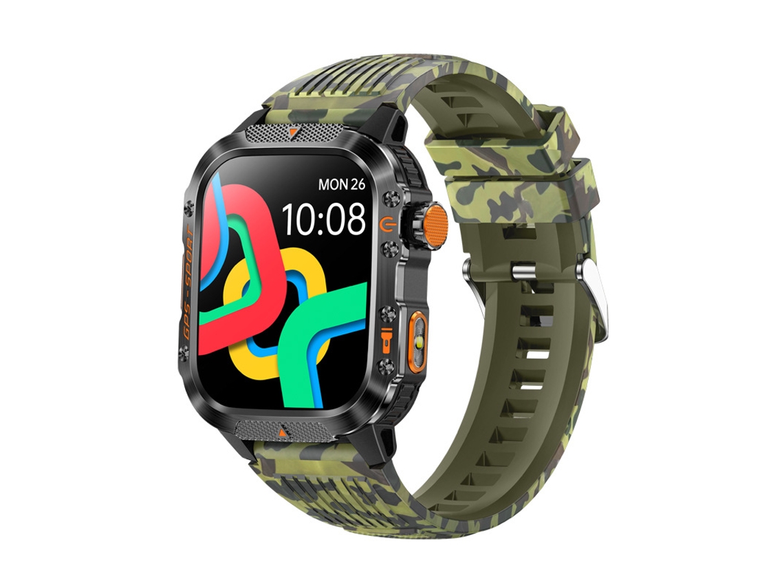 Smartwatch com GPS, monitor de frequência cardíaca, pulseira Bluetooth, à prova d'água, MDUG (camuflagem verde)