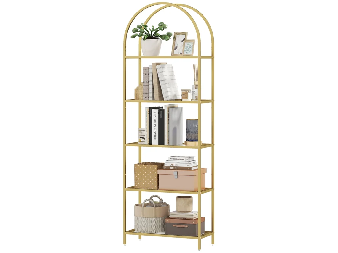 Estante Arqueada De Vidro Com 5 Andares Sala E Escritório, 60x30x175cm, Acabamento Dourado