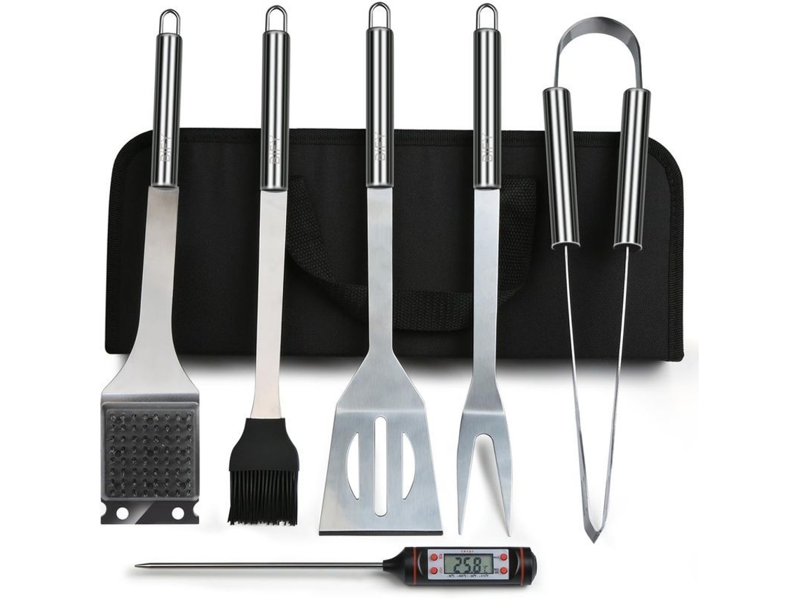 Set de Utensílios de churrasco inox 6 em 1 com termômetro e mala S/MARCA