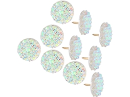 Conjunto de 10 tachininhas multifuncionais compactas com design em strass, em resina e metal, leves e fáceis de guardar.