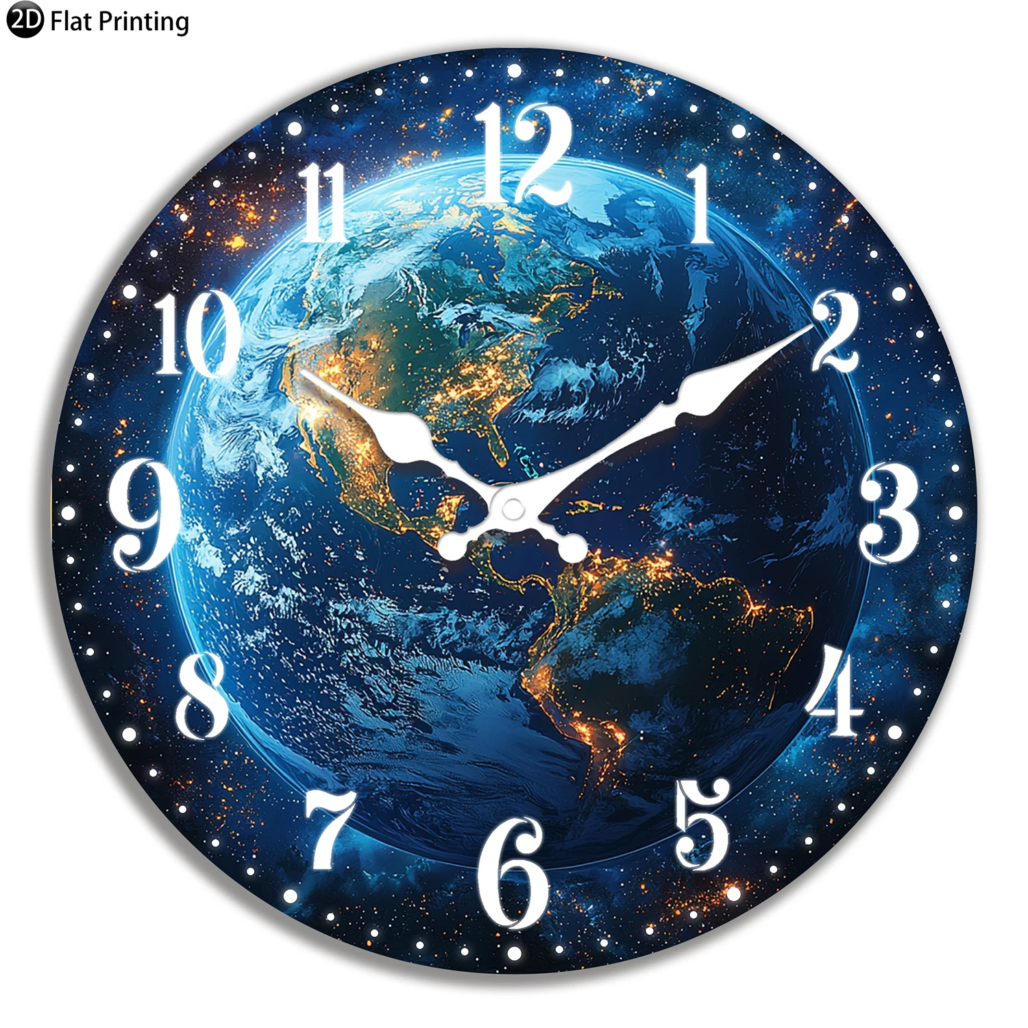 Relógio De Parede De Madeira Silencioso (12 Polegadas) – Luzes Das Cidades Da Terra À Noite – Ideal Para Escritórios E Salas De Estar