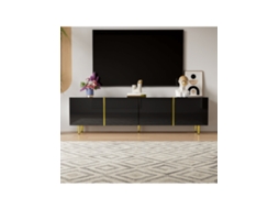 Móvel Tv Preto Alto Brilho Com 4 Portas, Combinação Moderna Preto E Dourado, Estilo Minimalista E Funcional Hvorstur