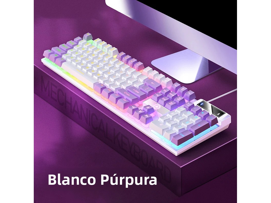 Teclado Gamer (branco E Roxo), 104 Teclas, Conexão Com Fio, Mecânico, Interface Usb.