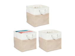Cesto De Arrumação Relaxdays, 3 Unidades, Linho, Com Cordas, Roupa, Brinquedos, 30x30x30 Cm, Bege/branco