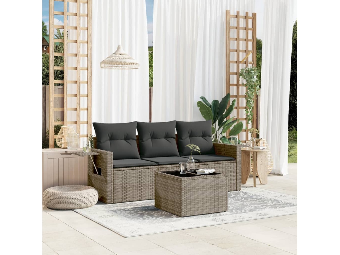 Vidaxl 4 Pcs Conjunto Sofás De Jardim C/ Almofadões Vime Pe Cinzento