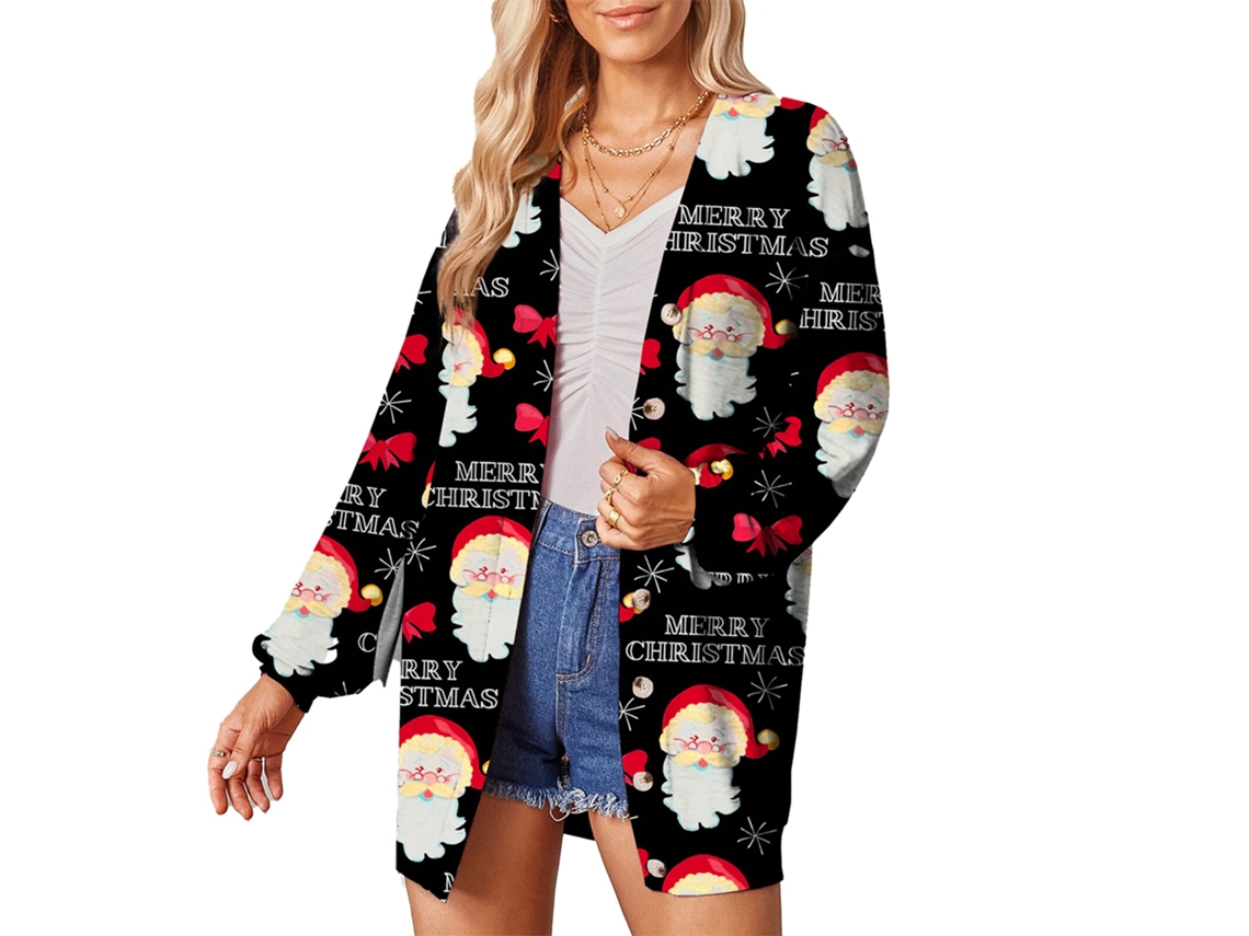 Laxiscreed Casaco Feminino Natal Estampado Com Manga Longa Casual Preto Tamanho S