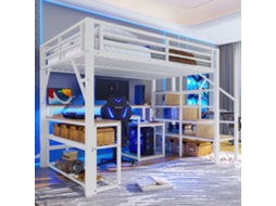 Cama De Colchão 140x200cm Estante De Ferro Branco Led Mesa Usb Armazenamento
