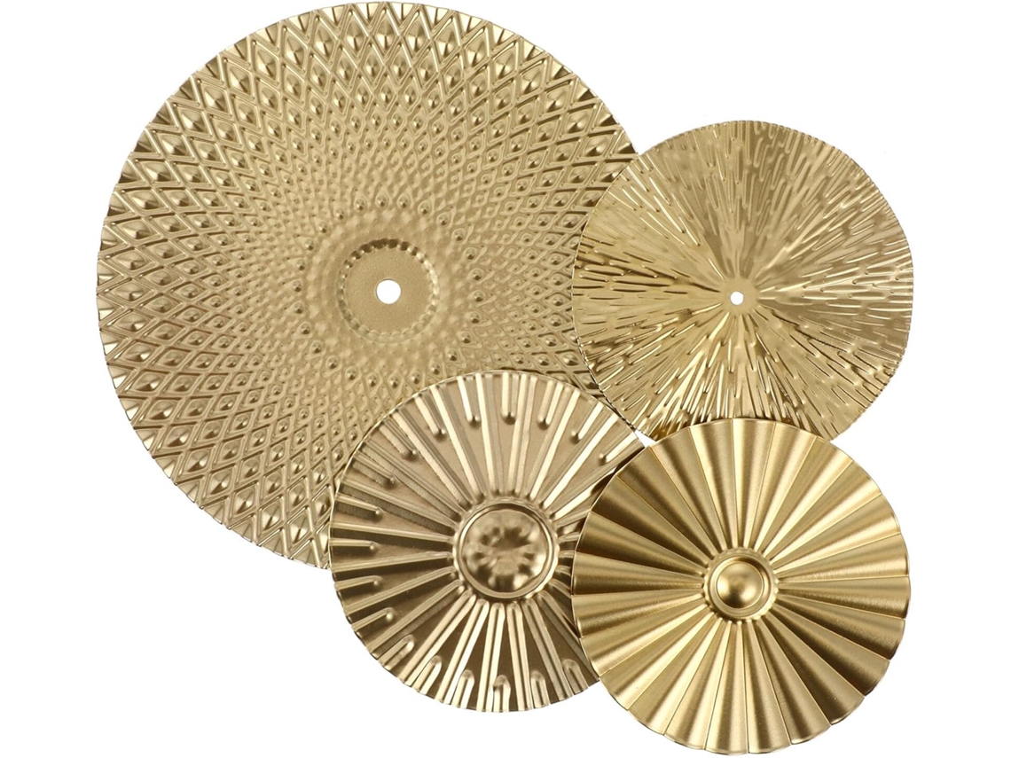 Conjunto 4 Enfeites Parede Metal Dourado Design Moderno Discos Irregulares Estáveis Fáceis Pendurar Ideais GOKOCO