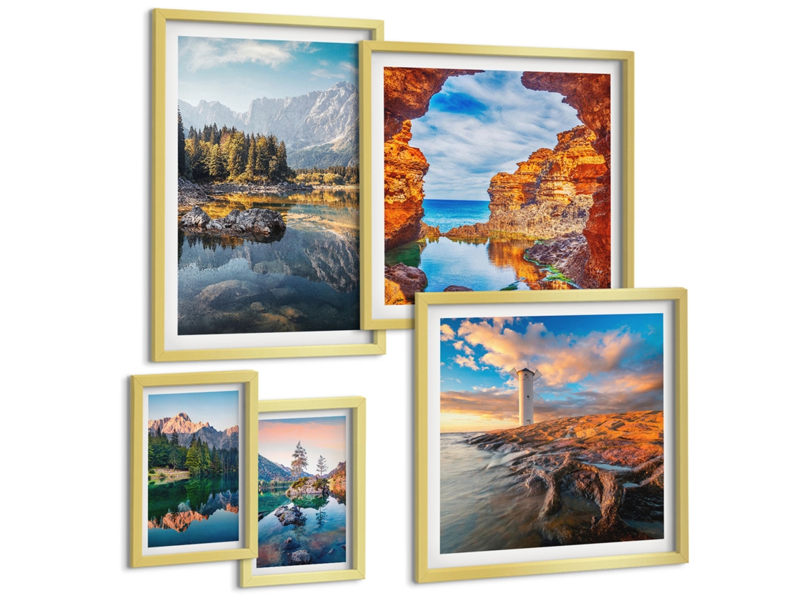 Pinturas Murais Modernas Paisagens De Verão, Rio E Prado, Flores Moldura Dourada Fotos Para O Escritório Espelharte (conjunto De 5 Imagens)