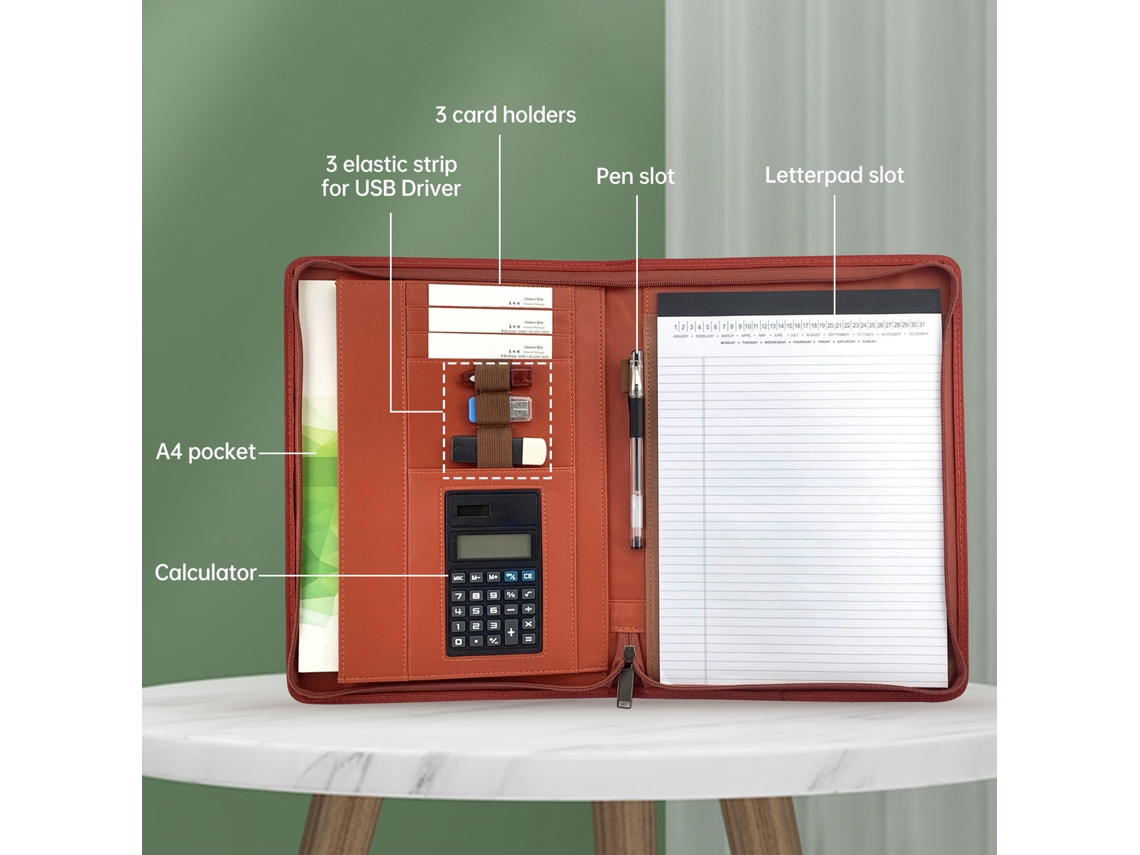 Carpeta Portafolio A4 De Cuero Pu Com Cremallera E Calculadora Para Entrevistas E Documentos - Rosa