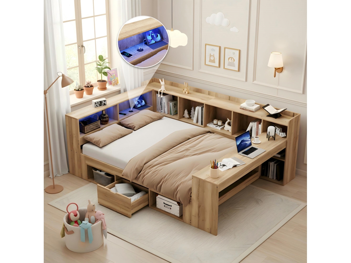 Lit Enfant VSOGA 140x200 Cm avec rangement, Led, Usb, bureau, plateforme multifonction, bois naturel