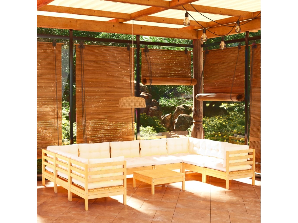 Vidaxl 10 Pcs Conjunto Lounge De Jardim C/ Almofadões Cor Creme Pinho