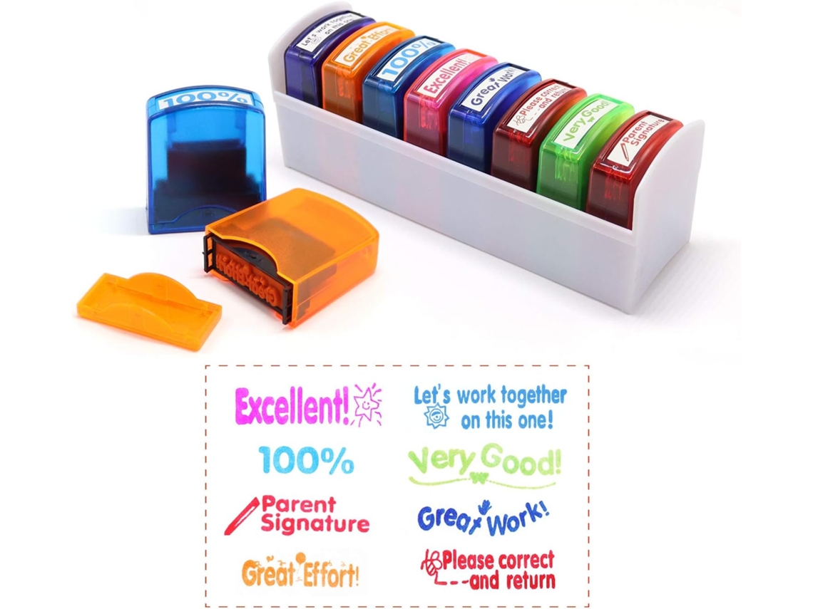 Conjunto De 8 Carimbos Coloridos Autoenfadados De Motivação Para Escola E Professores Com Bandeja