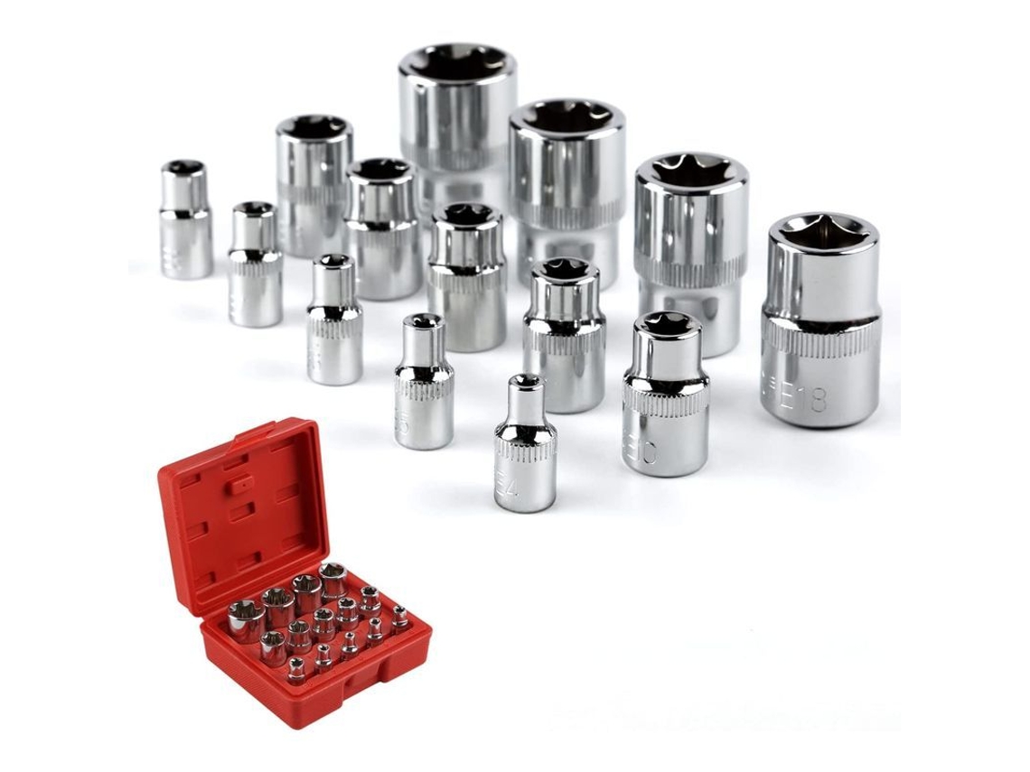 Conjunto de Sockets Torx Star 14 Peças Aço Cr v com Caixa 1/4 3/8 1/2
