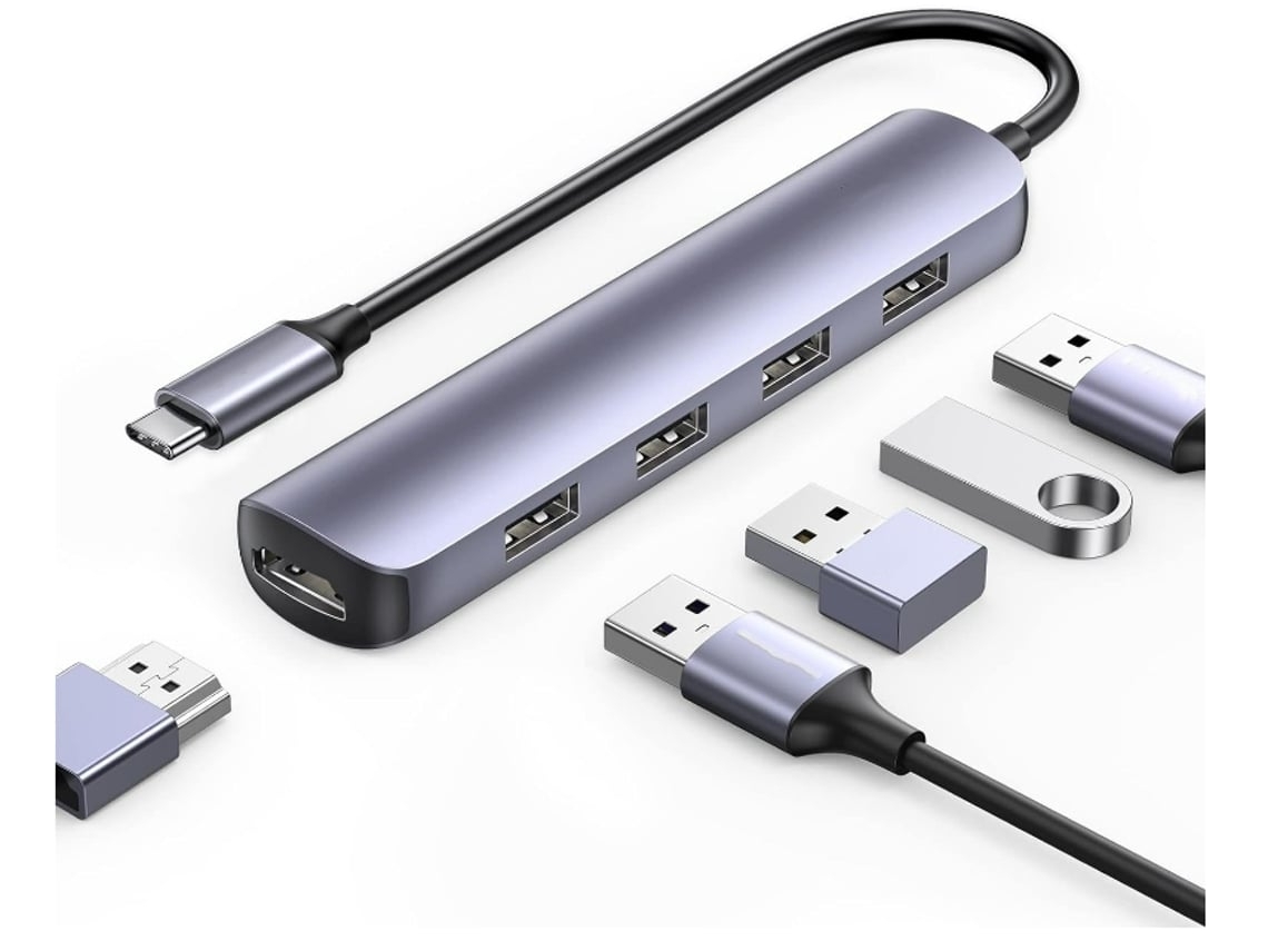 Hub De Adaptador De Vários Portas Usb C Hdmi240409-1zzy 5 Em 1 Com Tela De 4k Hdmi Cinza*