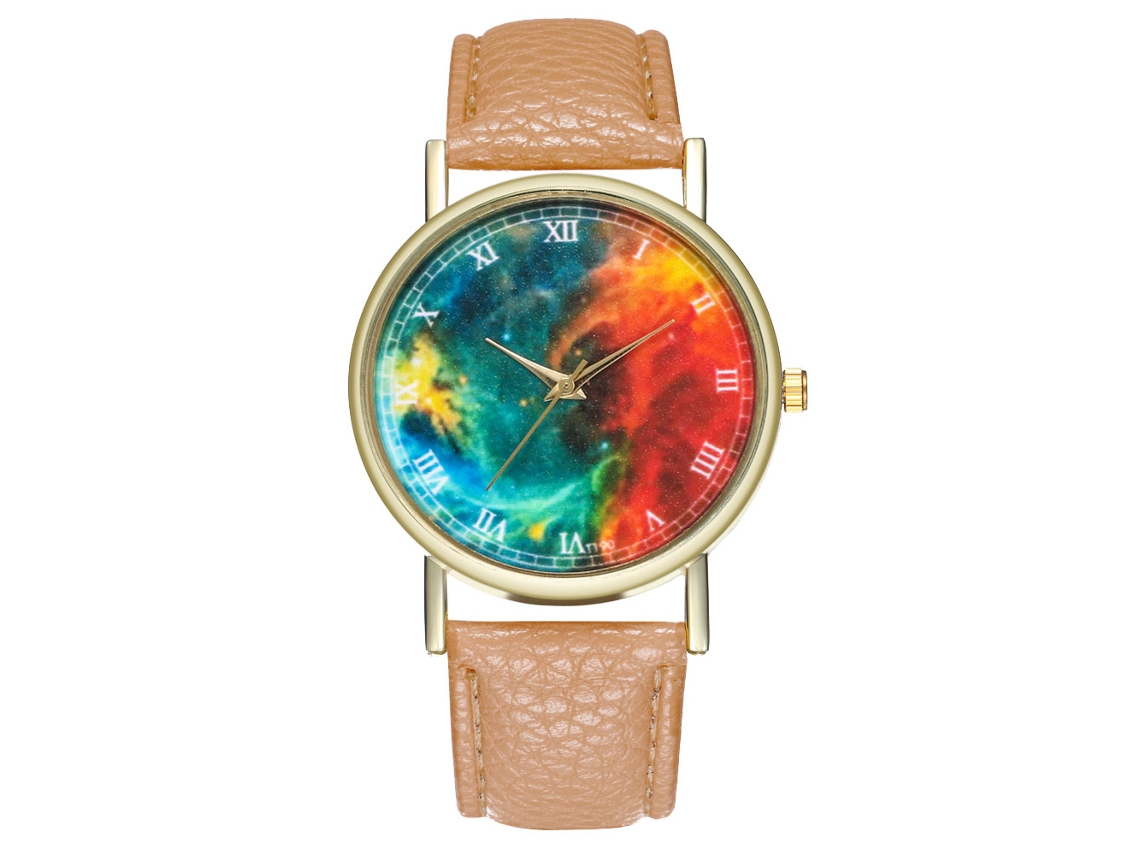 Reloj De Pulsera Unisex De Cuero Beige Con Cuarzo Y Estrellas De Cielo Colorido