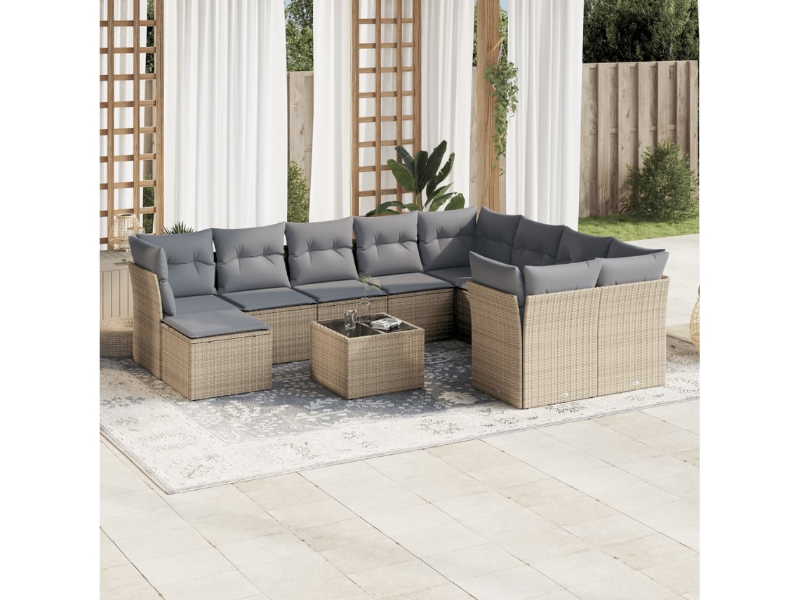 Vidaxl 11 Pcs Conjunto Sofás De Jardim C/ Almofadões Vime Pe Bege