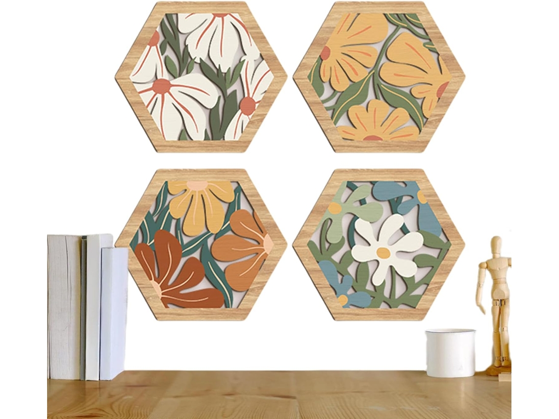 Decora o de Parede em Madeira Estilo R Stico Bo Mio Conjunto 4 Pe as com Ornamentos Casa Campo e Estampa Floral Moderna VAYOTOY