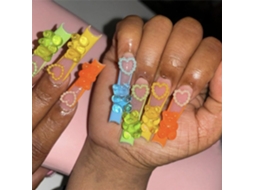 Unhas postiças quadradas SFUSHOS com decorações 3D de coração e urso