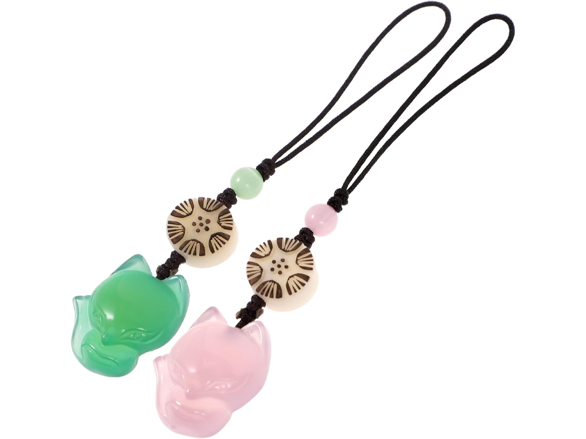 Conjunto De 2 Pingentes De Raposa De Jade, Verde E Rosa, Com Cordão De Nylon Leve.