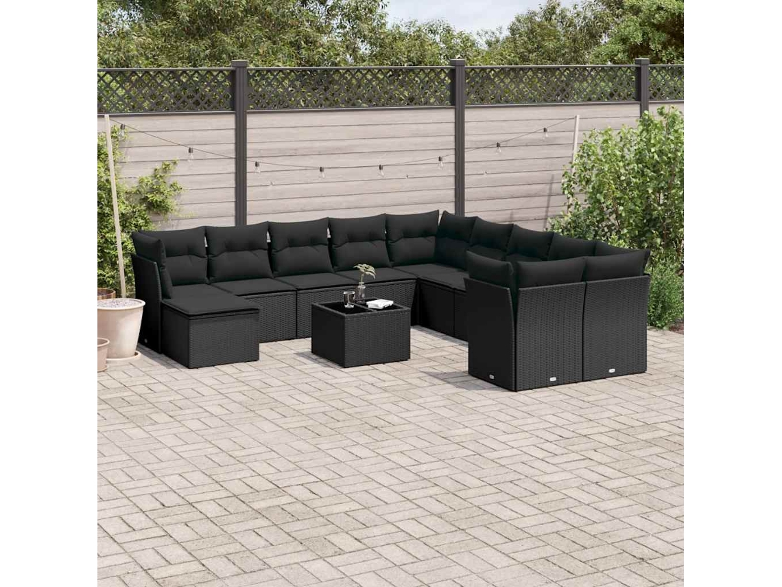 Vidaxl 12 Pcs Conjunto De Sofás De Jardim C/ Almofadões Vime Pe Preto